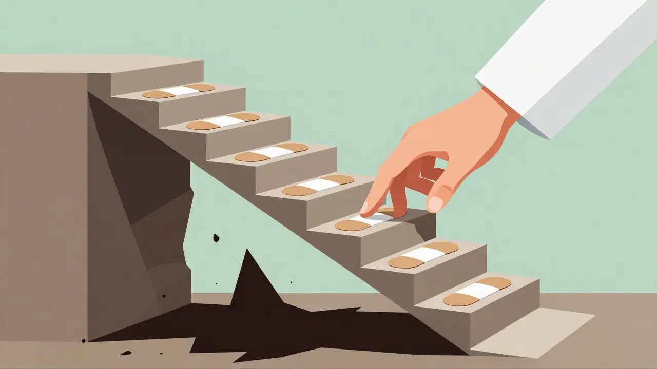 Poster art depicting gradual medical tapering via a staircase metaphor versus abrupt drop