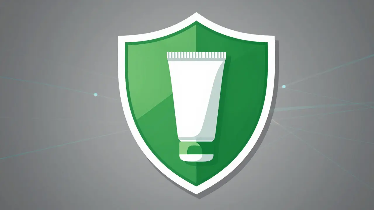Shield protecting medicine tube, symbolizing safety