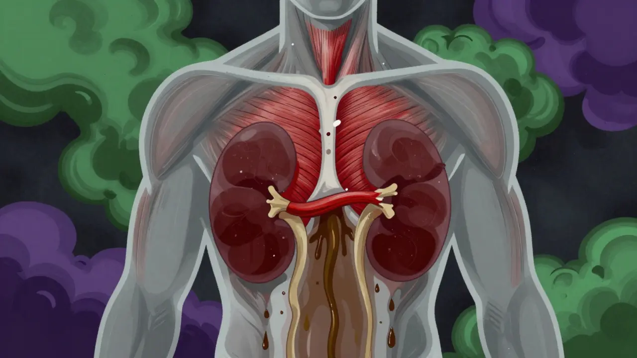 Stylized human torso with tearing muscles and dark fluid, symbolizing toxicity