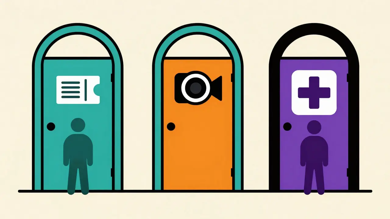 Stylized illustration of three colored doors representing different online pharmacy options.