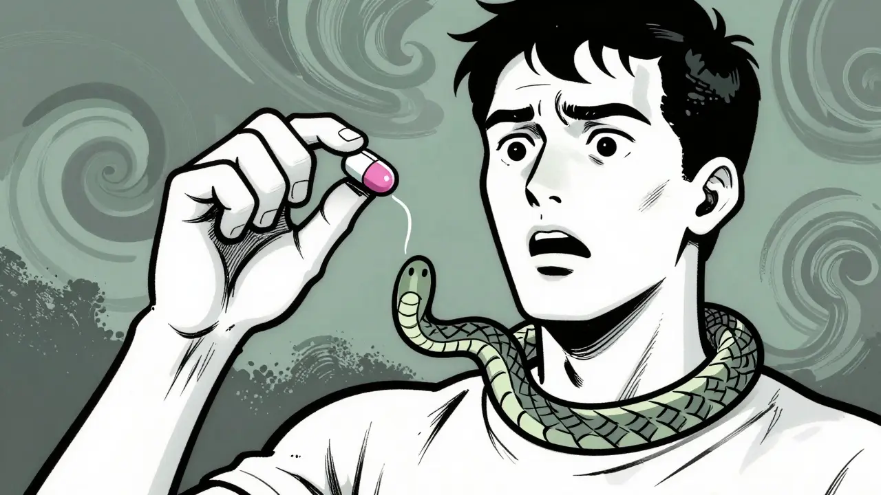Symbolic art of a blood pressure pill transforming into a constricting snake around a neck.