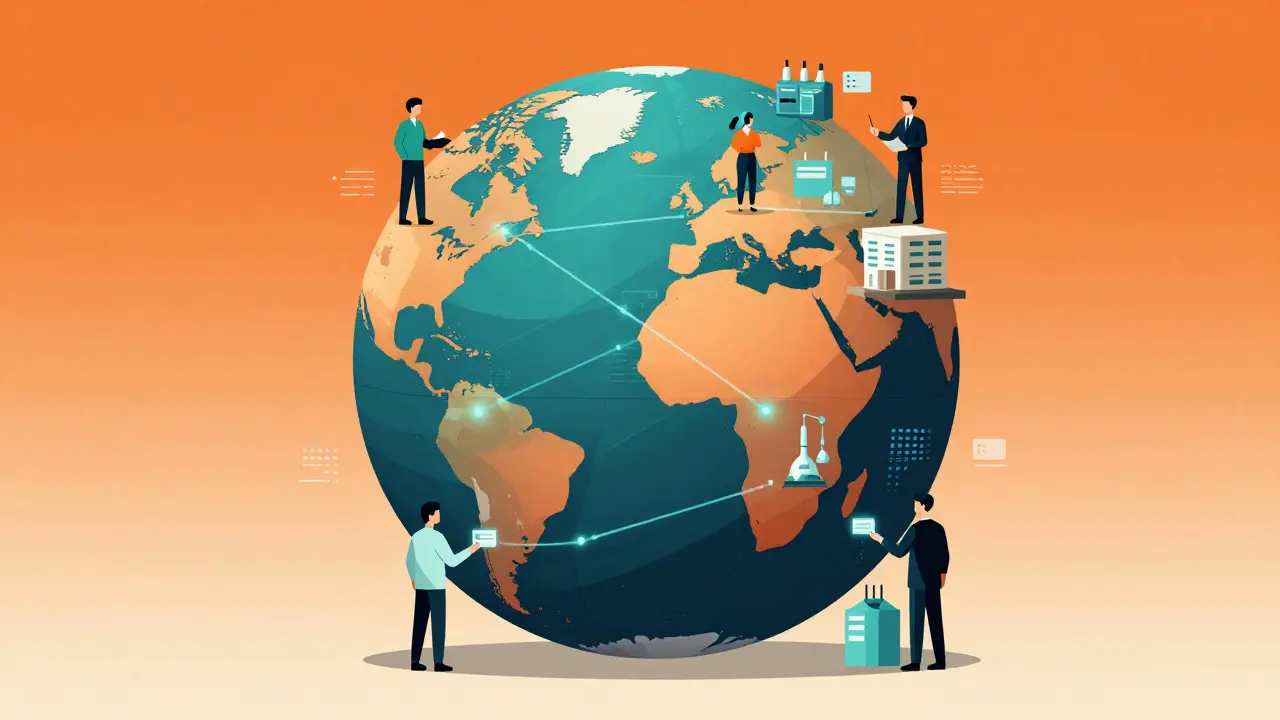 Abstract global drug supply chain network illustration
