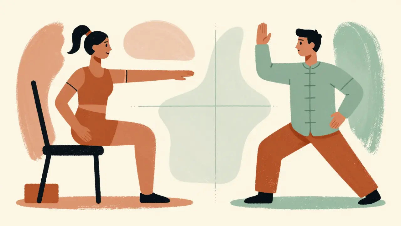 Abstract poster art showing yoga and Tai Chi figures as tools for pain relief.