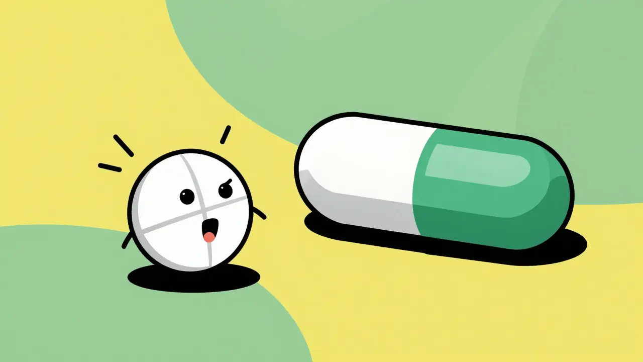 Graphic art comparing two types of IBS medication pills