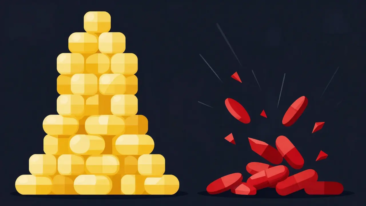 Graphic illustration comparing stable vs crumbling pill stacks to show drug half-life risks