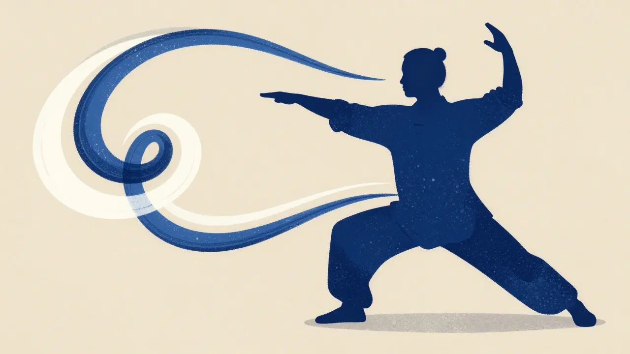Graphic illustration of a figure flowing through Tai Chi movements in blue and white.
