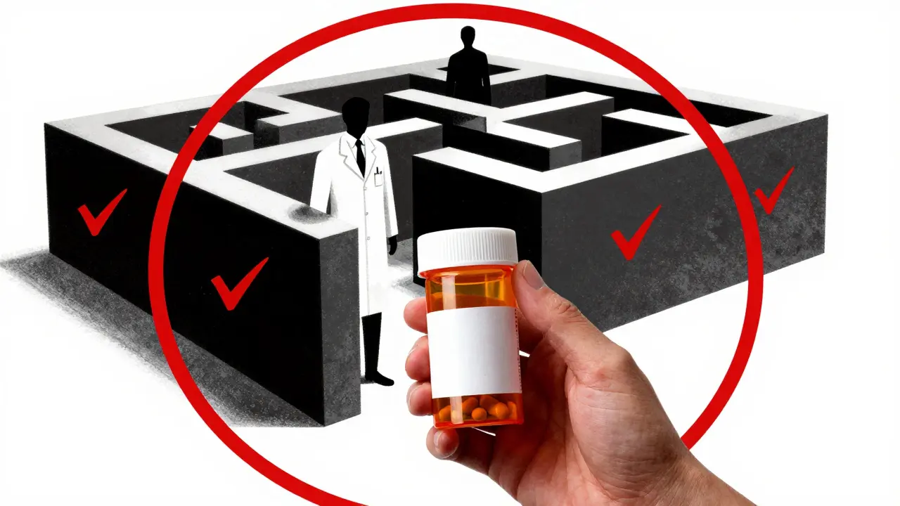 Pharmacist checking pills amidst bureaucratic barriers in red and black